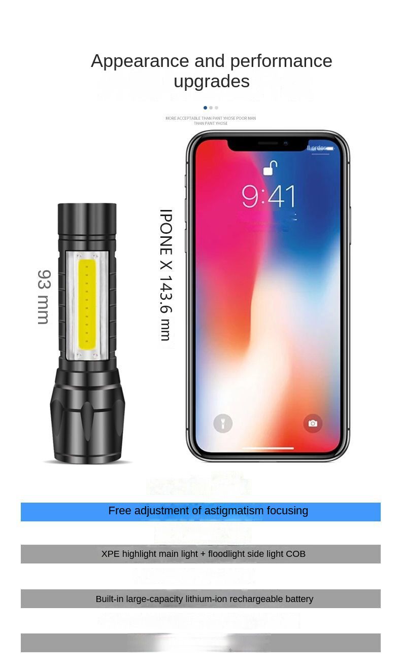 Multi-functional mini flashlight Strong light COB side light flashlight telescopic zoom LED portable flashlight