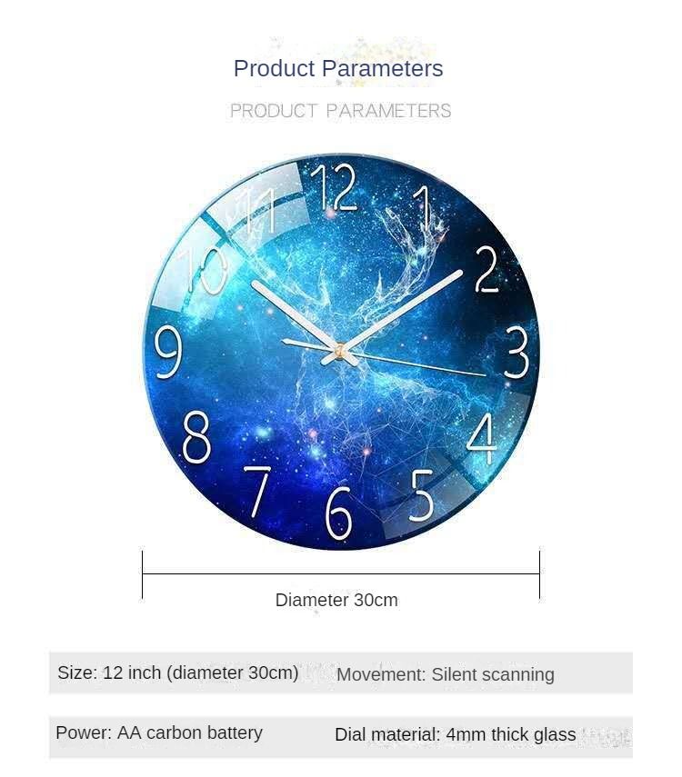 Luxury Silent Art Wall Clock：new home 12-inch (30CM) toughened glass wall clock Living Room Clock Bedroom Silent European Quartz clock (multiple clock face creative patterns)AA battery powered
