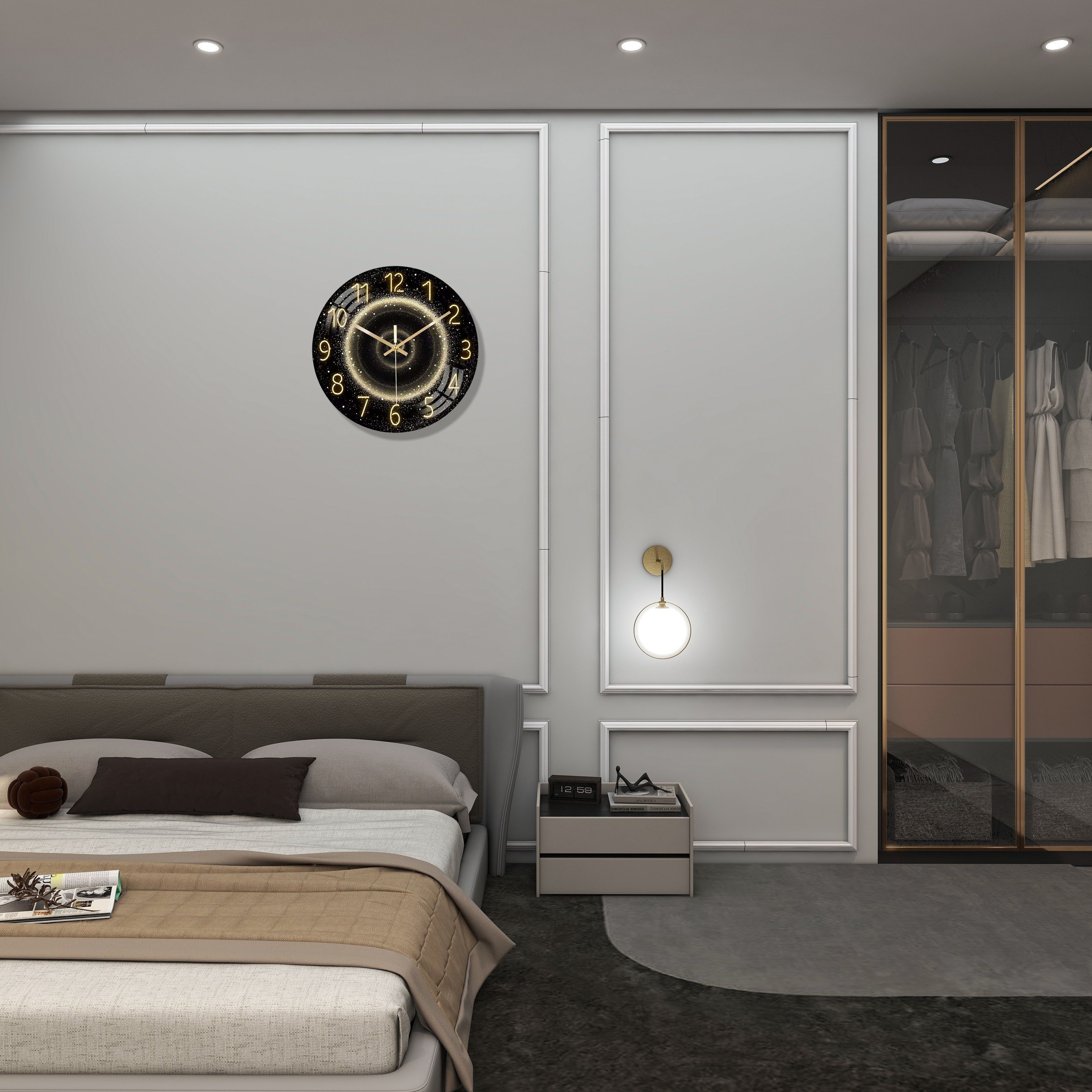 Luxury Silent Art Wall Clock:new space star home 12-inch (30CM) toughened glass wall clock Living Room Clock Bedroom Silent Quartz clock (multiple clock face creative patterns)AA battery powered