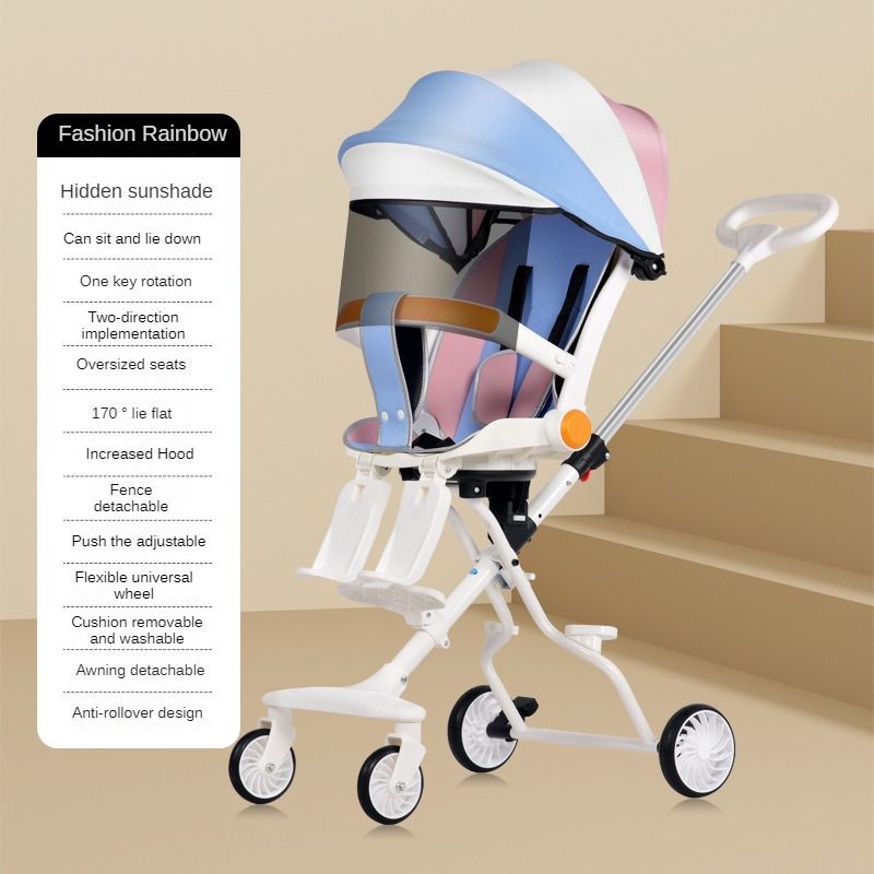 A comfortable, lightweight and foldable baby four-wheel stroller for children aged 6 months to 6 years can rotate in both directions with a sunshade,The pull rod can be adjusted ,a smart baby carriage