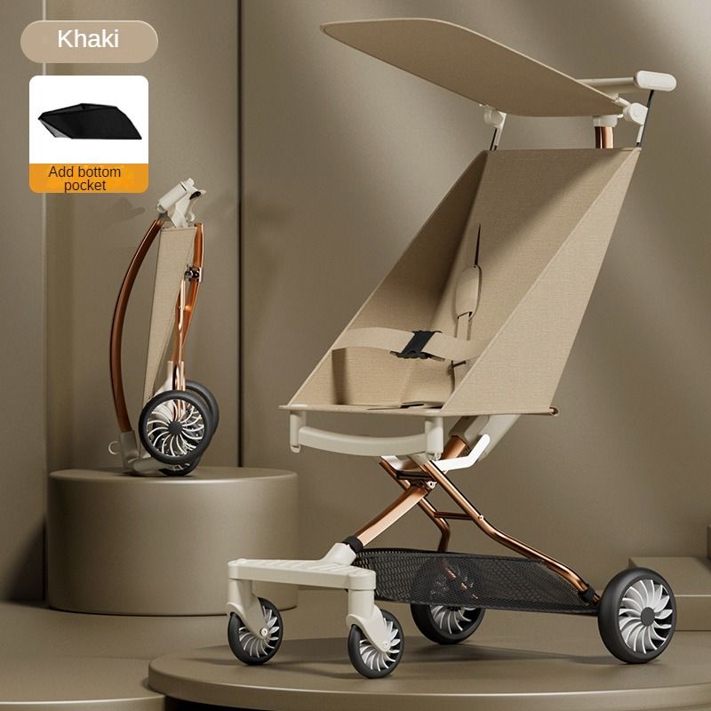 A comfortable, lightweight and foldable baby stroller for planes, suitable for children aged 6 months to 3 years. It can rotate in both directions with a sunshade and the pull bar is adjustable.
