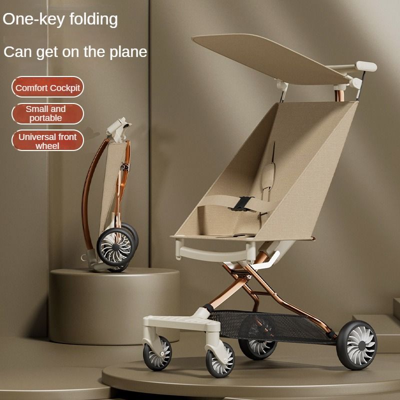A comfortable, lightweight and foldable baby stroller for planes, suitable for children aged 6 months to 3 years. It can rotate in both directions with a sunshade and the pull bar is adjustable.