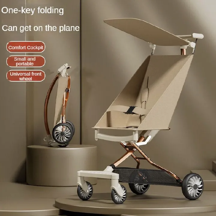A comfortable, lightweight and foldable baby stroller for planes, suitable for children aged 6 months to 3 years. It can rotate in both directions with a sunshade and the pull bar is adjustable.