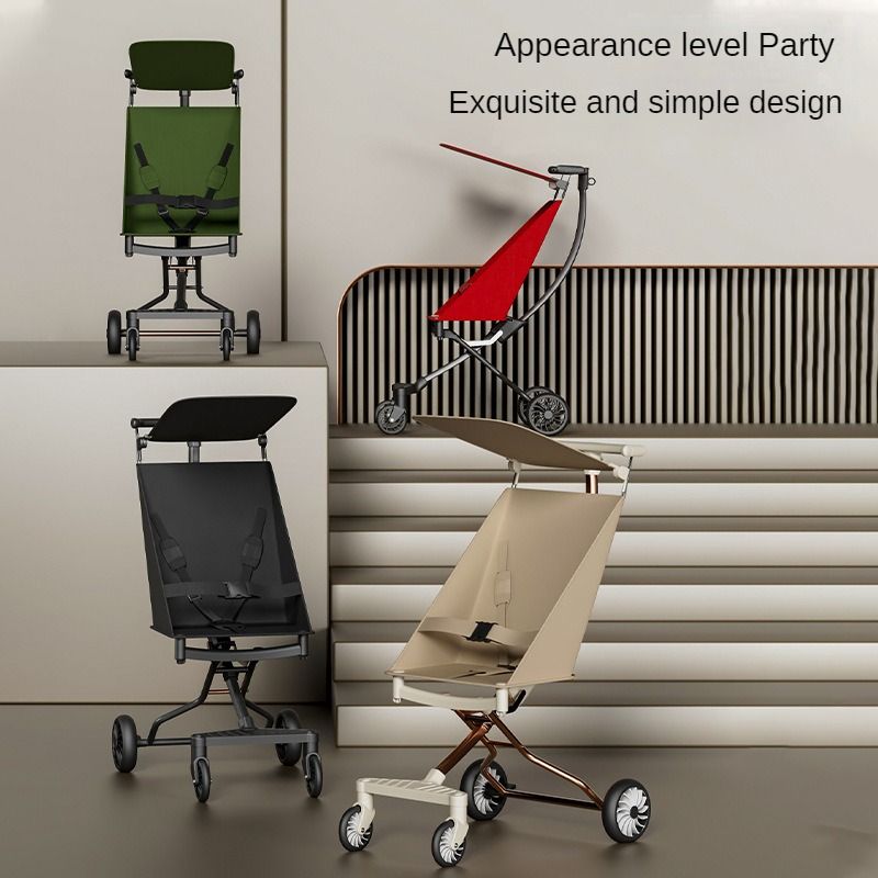 A comfortable, lightweight and foldable baby stroller for planes, suitable for children aged 6 months to 3 years. It can rotate in both directions with a sunshade and the pull bar is adjustable.
