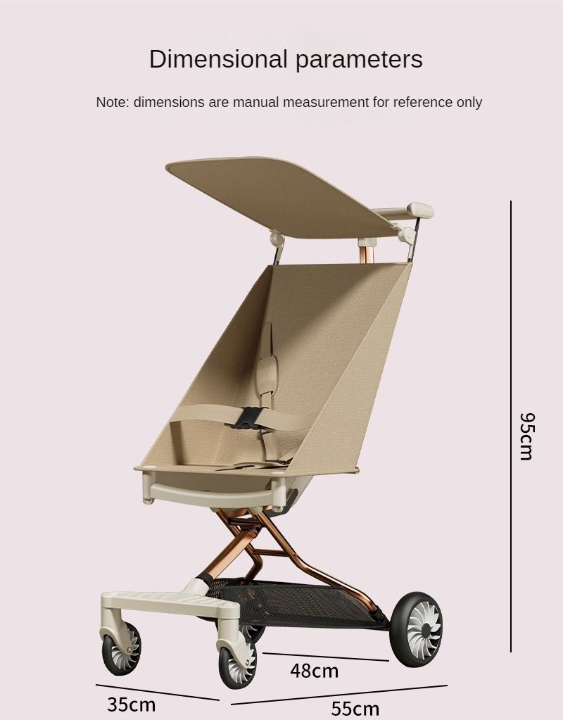 A comfortable, lightweight and foldable baby stroller for planes, suitable for children aged 6 months to 3 years. It can rotate in both directions with a sunshade and the pull bar is adjustable.