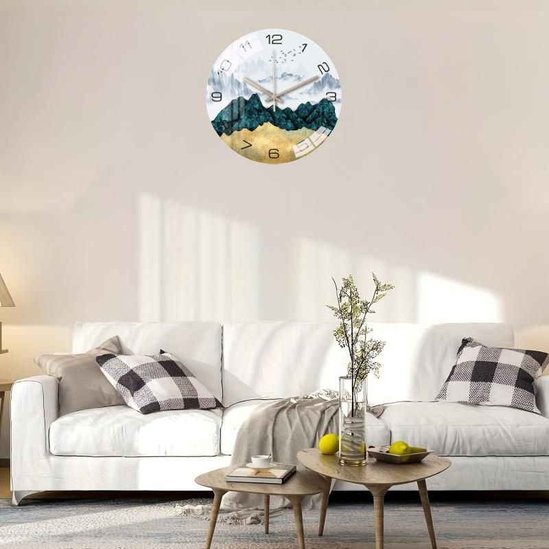 Luxury Silent Art Wall Clock：new home 12-inch (30CM) toughened glass wall clock Living Room Clock Bedroom Silent Quartz clock (multiple clock face creative patterns)AA battery powered-Landscape Birds