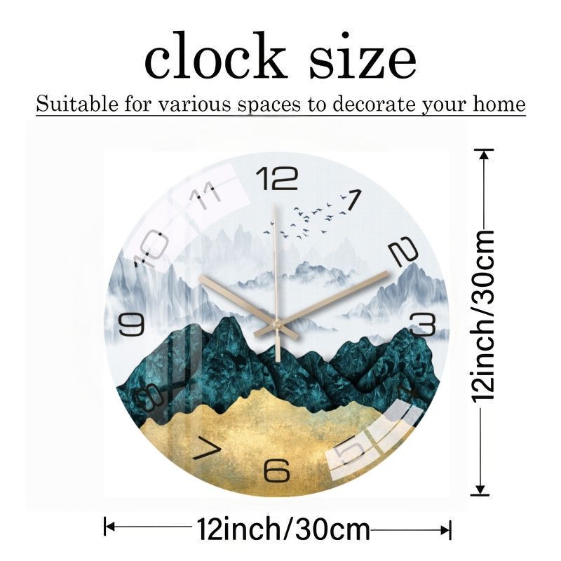 Luxury Silent Art Wall Clock：new home 12-inch (30CM) toughened glass wall clock Living Room Clock Bedroom Silent Quartz clock (multiple clock face creative patterns)AA battery powered-Landscape Birds