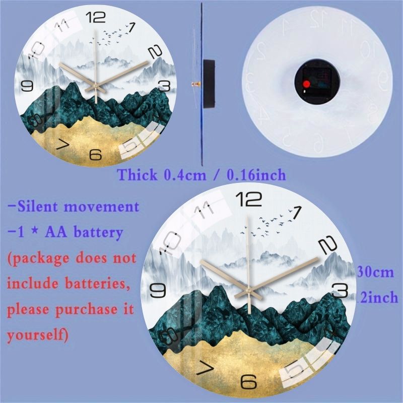 Luxury Silent Art Wall Clock：new home 12-inch (30CM) toughened glass wall clock Living Room Clock Bedroom Silent Quartz clock (multiple clock face creative patterns)AA battery powered-Landscape Birds