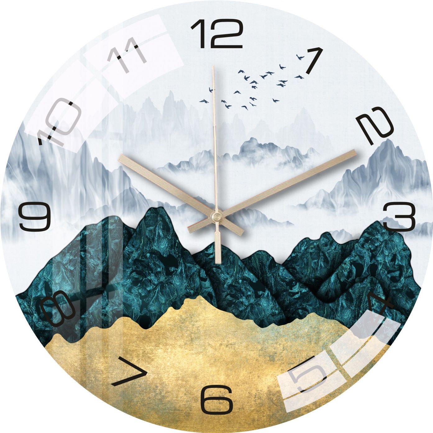 Luxury Silent Art Wall Clock：new home 12-inch (30CM) toughened glass wall clock Living Room Clock Bedroom Silent Quartz clock (multiple clock face creative patterns)AA battery powered-Landscape Birds