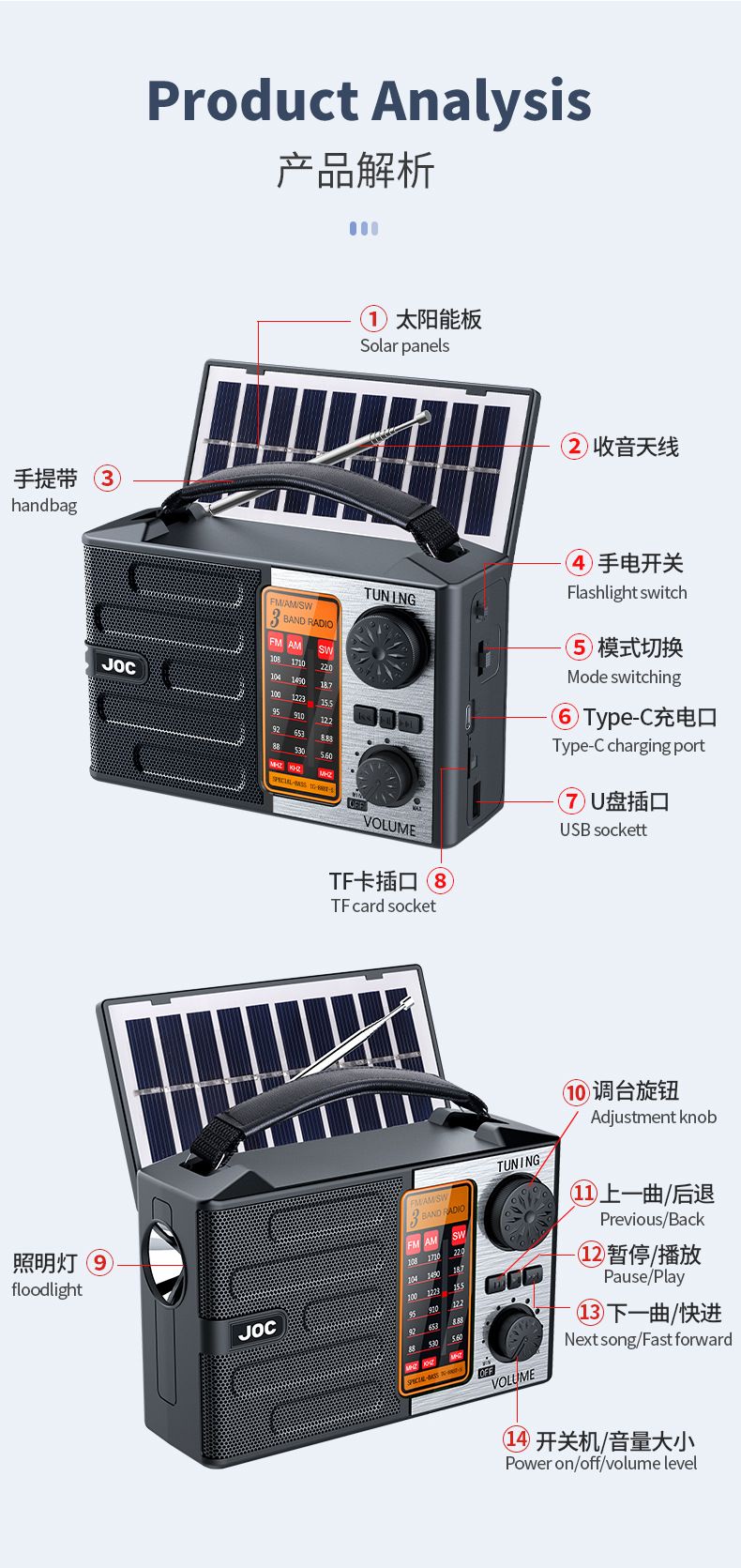 Best-selling full-band portable radio, solar-powered Bluetooth radio, equipped with a strong emergency lighting lamp, can read TF cards and USB flash drives, and can be charged in TYPE C cable