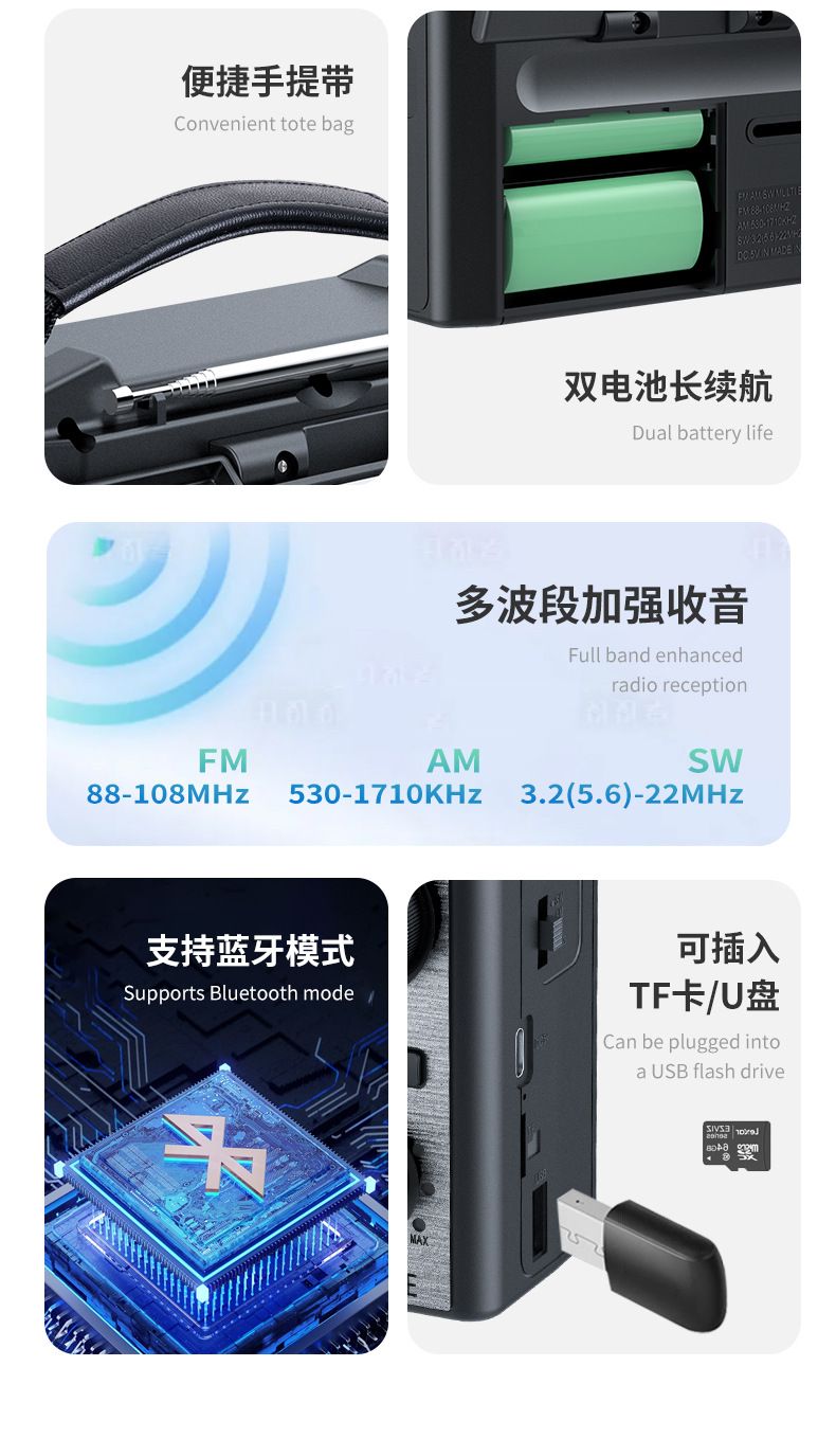Best-selling full-band portable radio, solar-powered Bluetooth radio, equipped with a strong emergency lighting lamp, can read TF cards and USB flash drives, and can be charged in TYPE C cable