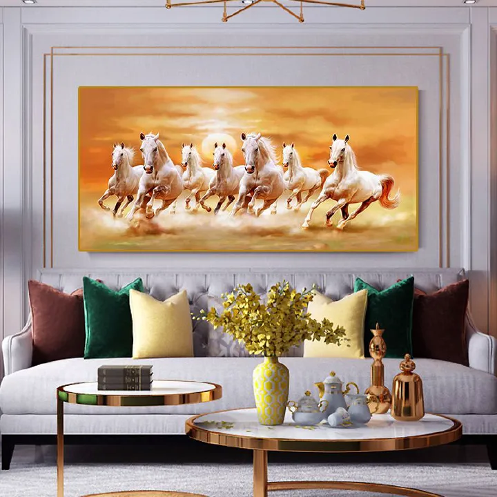 The modern art painting "Seven Galloping Horses under the Setting Sun" is a canvas decorative painting for a painter's residence
