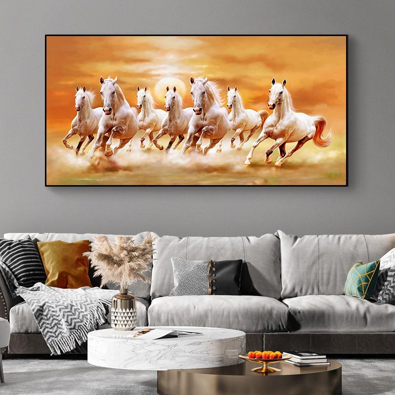 The modern art painting "Seven Galloping Horses under the Setting Sun" is a canvas decorative painting for a painter's residence