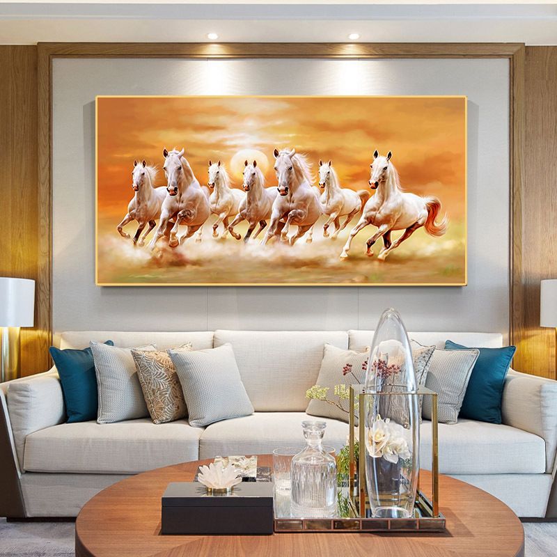 The modern art painting "Seven Galloping Horses under the Setting Sun" is a canvas decorative painting for a painter's residence