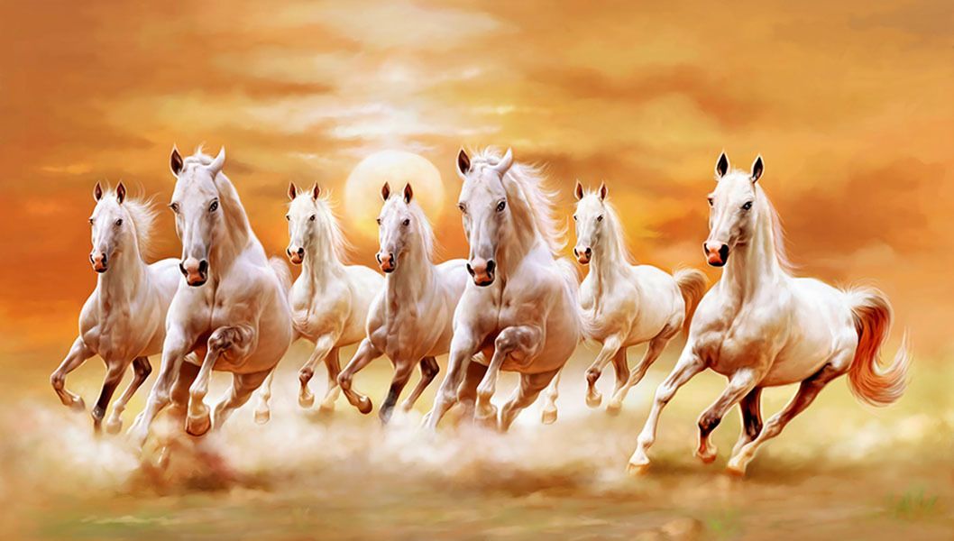 The modern art painting "Seven Galloping Horses under the Setting Sun" is a canvas decorative painting for a painter's residence