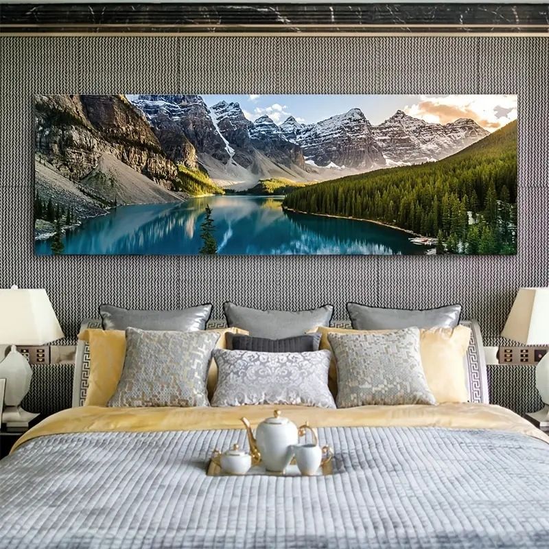 A canvas painting of high mountains and emerald green lake water scenery, a room, a bedroom, a sofa, a background wall painting