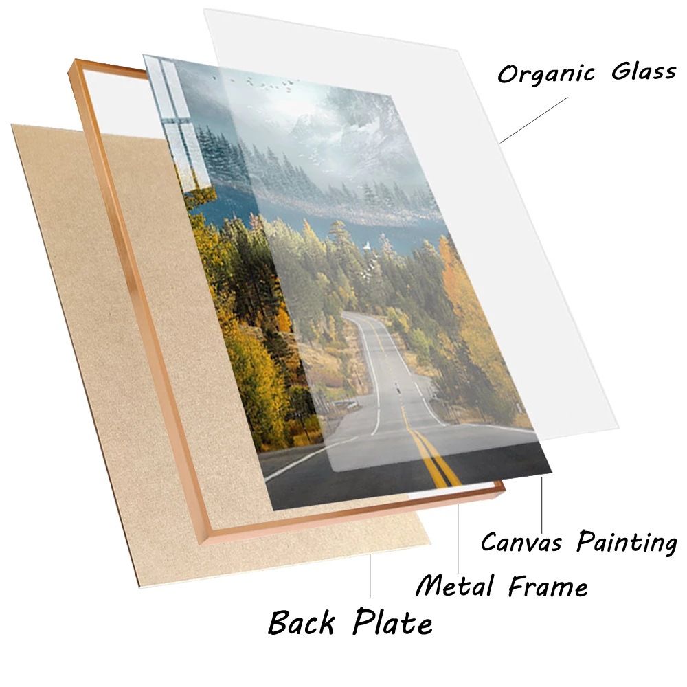 A canvas painting of high mountains and emerald green lake water scenery, a room, a bedroom, a sofa, a background wall painting