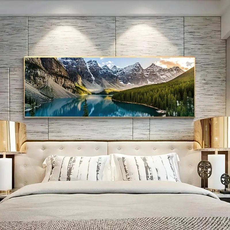A canvas painting of high mountains and emerald green lake water scenery, a room, a bedroom, a sofa, a background wall painting