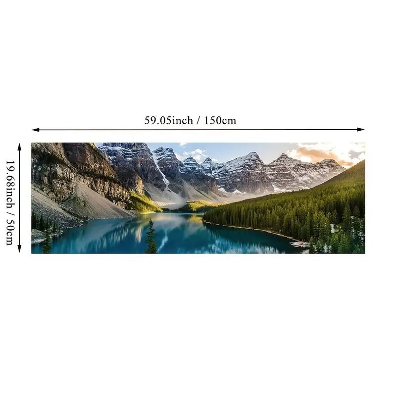 A canvas painting of high mountains and emerald green lake water scenery, a room, a bedroom, a sofa, a background wall painting