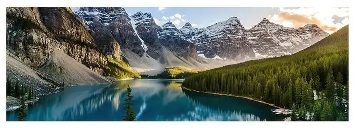 A canvas painting of high mountains and emerald green lake water scenery, a room, a bedroom, a sofa, a background wall painting