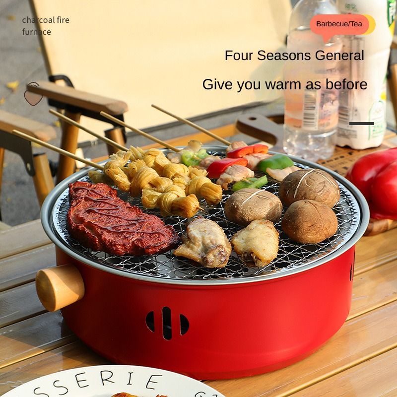 Household outdoor stainless steel barbecue grill, camping portable charcoal barbecue rack, barbecue and skewer, tea roasting set by the fire