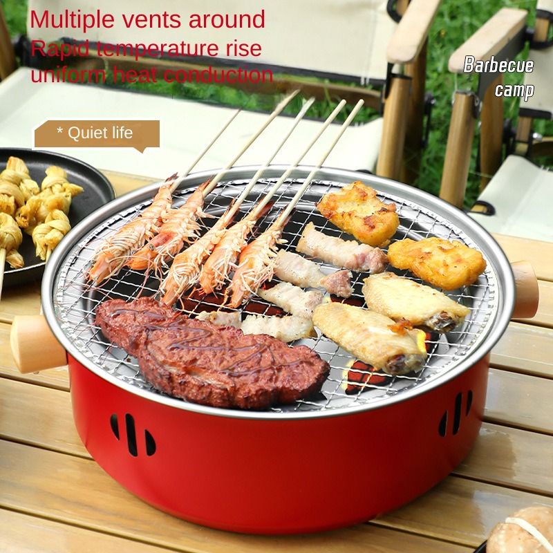 Household outdoor stainless steel barbecue grill, camping portable charcoal barbecue rack, barbecue and skewer, tea roasting set by the fire