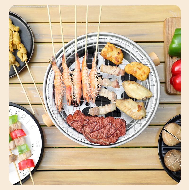 Household outdoor stainless steel barbecue grill, camping portable charcoal barbecue rack, barbecue and skewer, tea roasting set by the fire