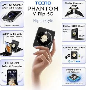 TECNO Phantom V Flip 5G (8GB RAM,256GB Storage) | 45W Fast Charging | 32 MP Selfie, 64 Rear Camera| 6.9" Flexible, 1.32" Secondrary AMOLED