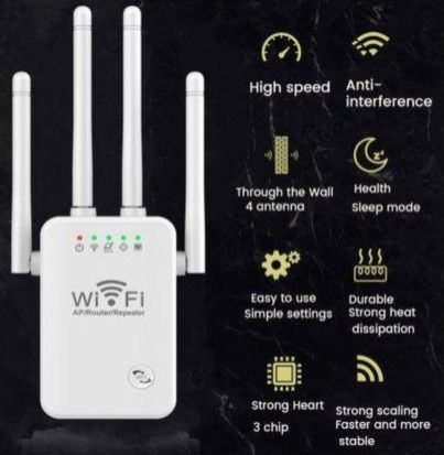 WiFi Extender Booster, WiFi Booster Range Extender with 6 Powerful Antennas, 2 LAN Ports, Repeater/Router/Ap Mode, Quick Setup, Compatible with All Internet Boxes