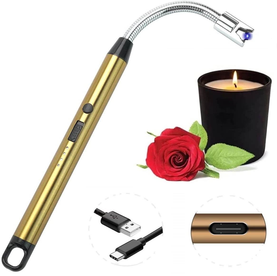 USB Rechargeable Electric Lighter for Kitchen, Pooja Room, Candles, BBQ, Cigars, Multi Purpose - 360 Degree Flexible & Windproof, Candle Lighters, Grill Lighters