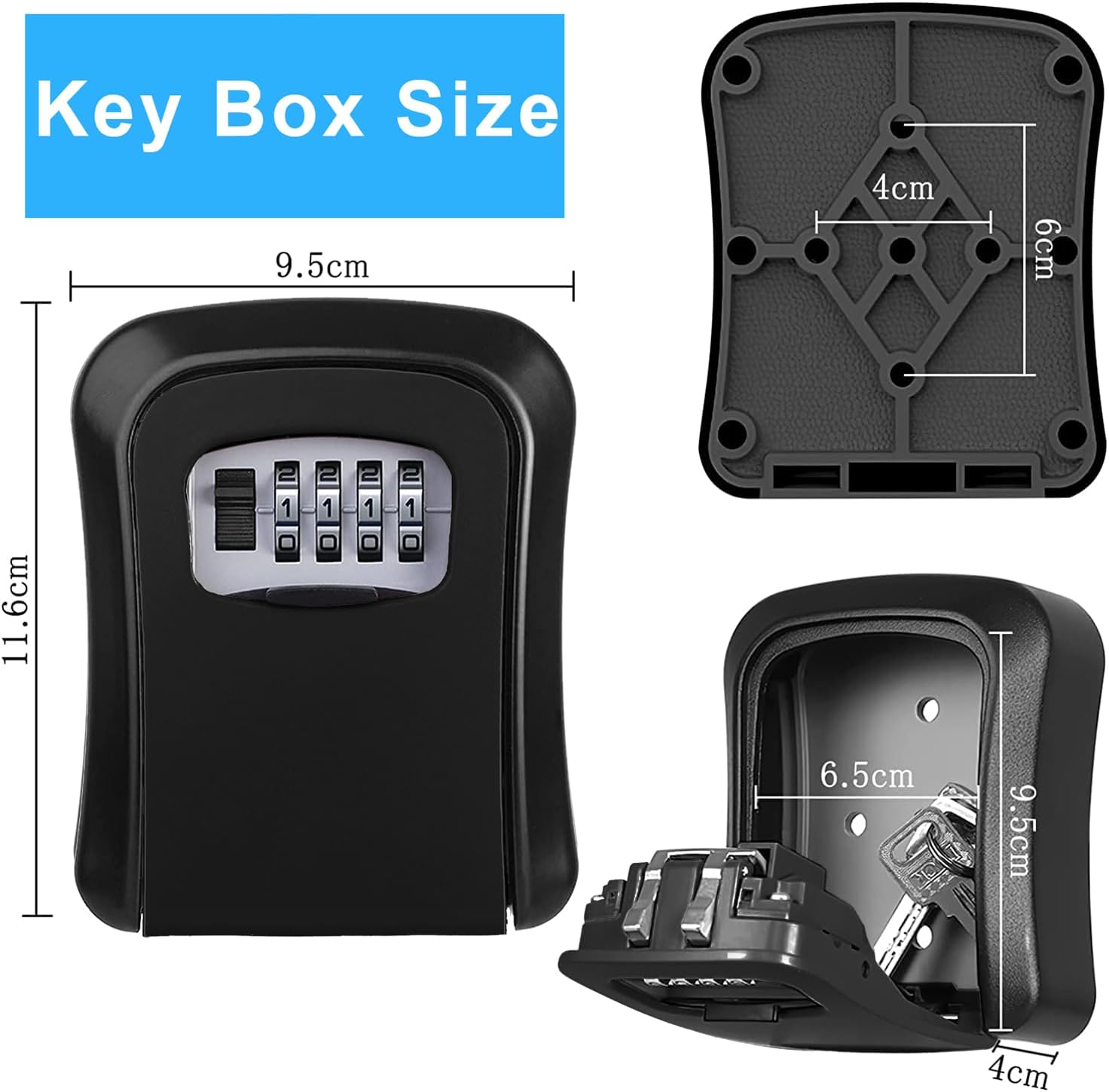 Key Lock Box, Resettable 4 Digit Combination Spare Key Safe Lock Box, Weatherproof Key Storage Security Lock Box Hide 5 Key, Wall Mounted Lock Box for Outside, Home, Office, Garage,
