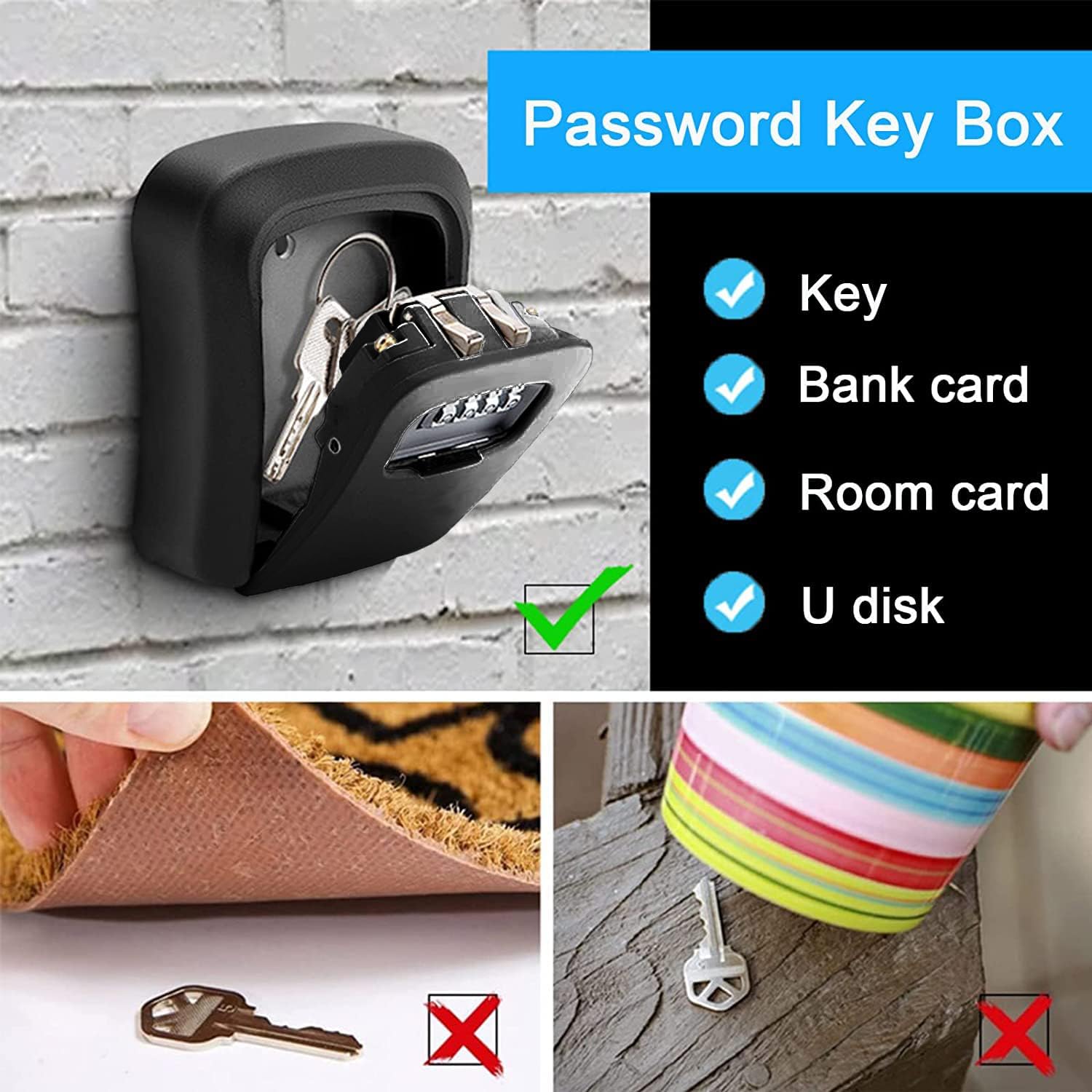 Key Lock Box, Resettable 4 Digit Combination Spare Key Safe Lock Box, Weatherproof Key Storage Security Lock Box Hide 5 Key, Wall Mounted Lock Box for Outside, Home, Office, Garage,