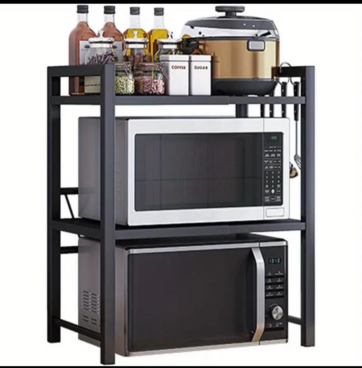 Expandable Microwave Oven Rack 3 Tier Microwave Stand,with 5 hooks Adjustable Width & Height Kitchen Counter Organizer Shelf Stand, Pot Pan Grill Storage Racks, Width 40-64cm Black
