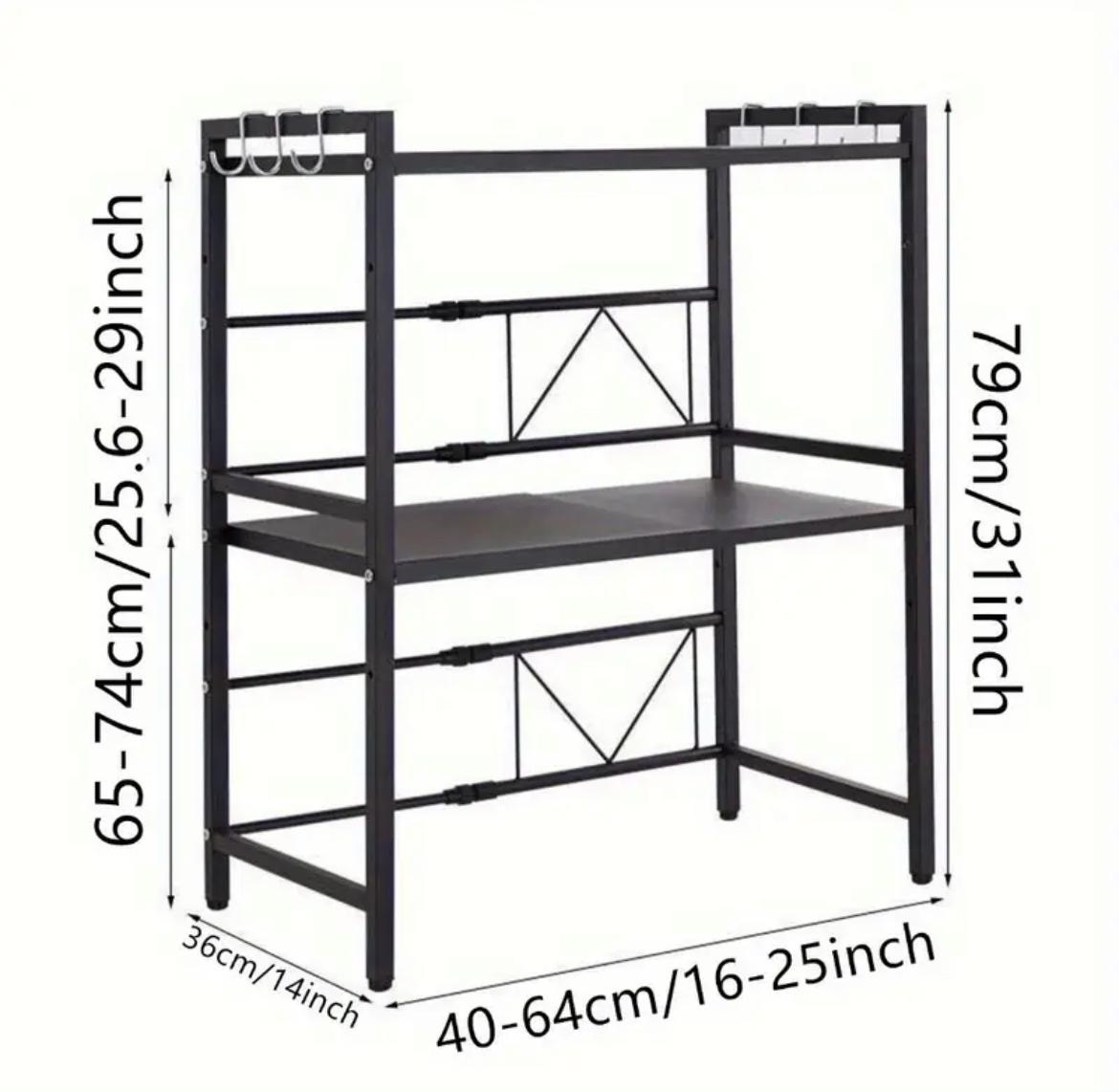 Expandable Microwave Oven Rack 3 Tier Microwave Stand,with 5 hooks Adjustable Width & Height Kitchen Counter Organizer Shelf Stand, Pot Pan Grill Storage Racks, Width 40-64cm Black