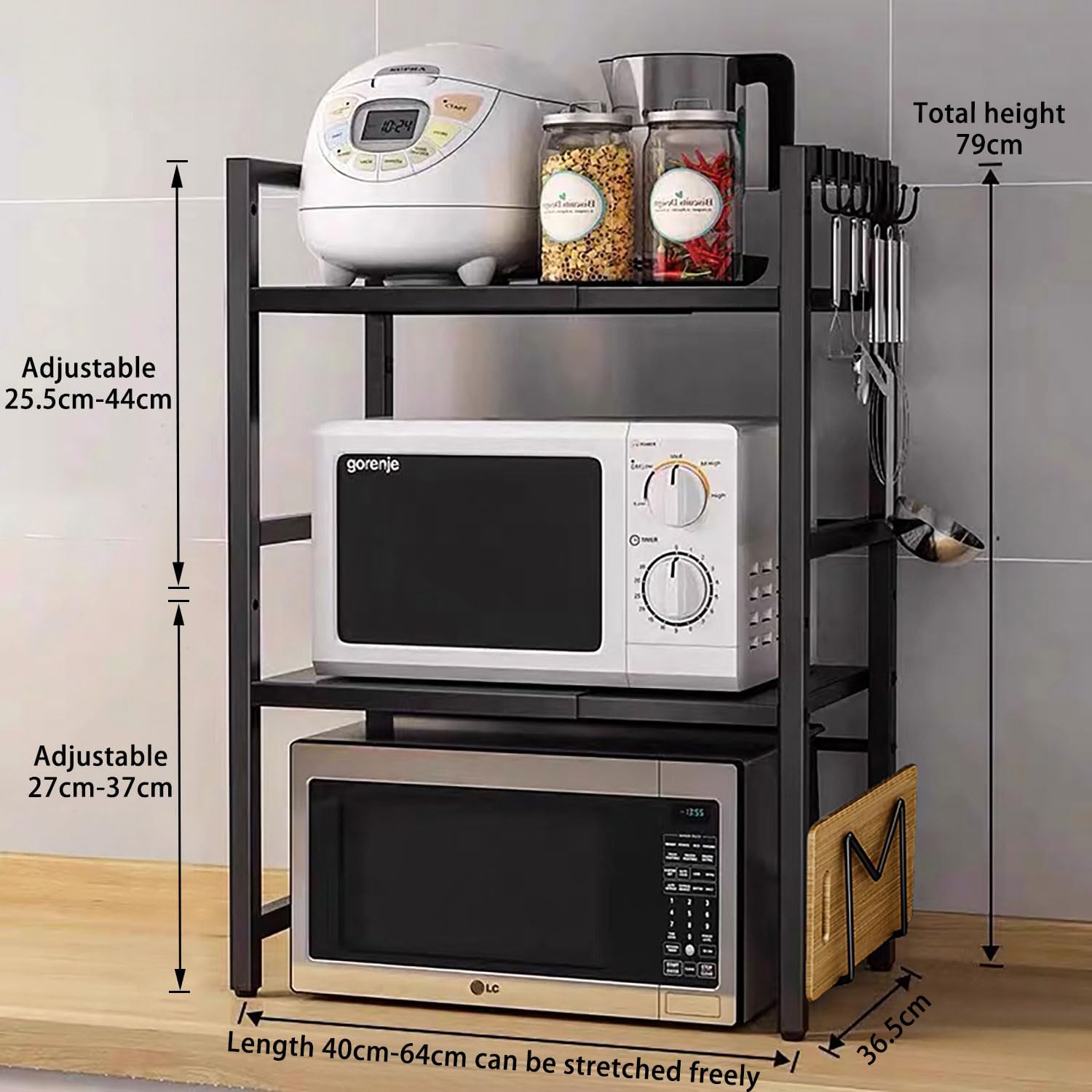 Expandable Microwave Oven Rack 3 Tier Microwave Stand,with 5 hooks Adjustable Width & Height Kitchen Counter Organizer Shelf Stand, Pot Pan Grill Storage Racks, Width 40-64cm Black