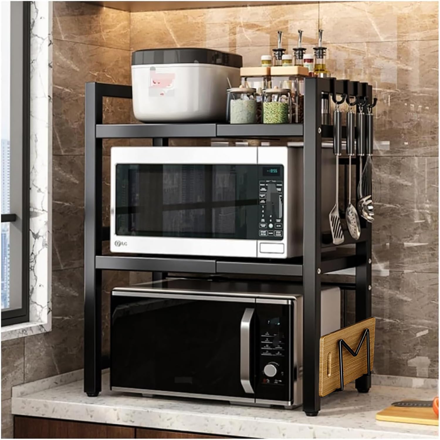 Expandable Microwave Oven Rack 3 Tier Microwave Stand,with 5 hooks Adjustable Width & Height Kitchen Counter Organizer Shelf Stand, Pot Pan Grill Storage Racks, Width 40-64cm Black