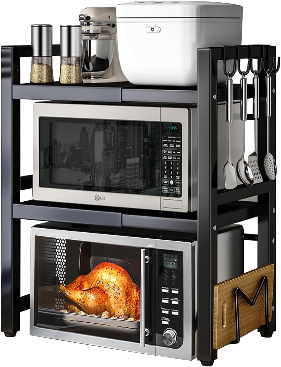 Expandable Microwave Oven Rack 3 Tier Microwave Stand,with 5 hooks Adjustable Width & Height Kitchen Counter Organizer Shelf Stand, Pot Pan Grill Storage Racks, Width 40-64cm Black