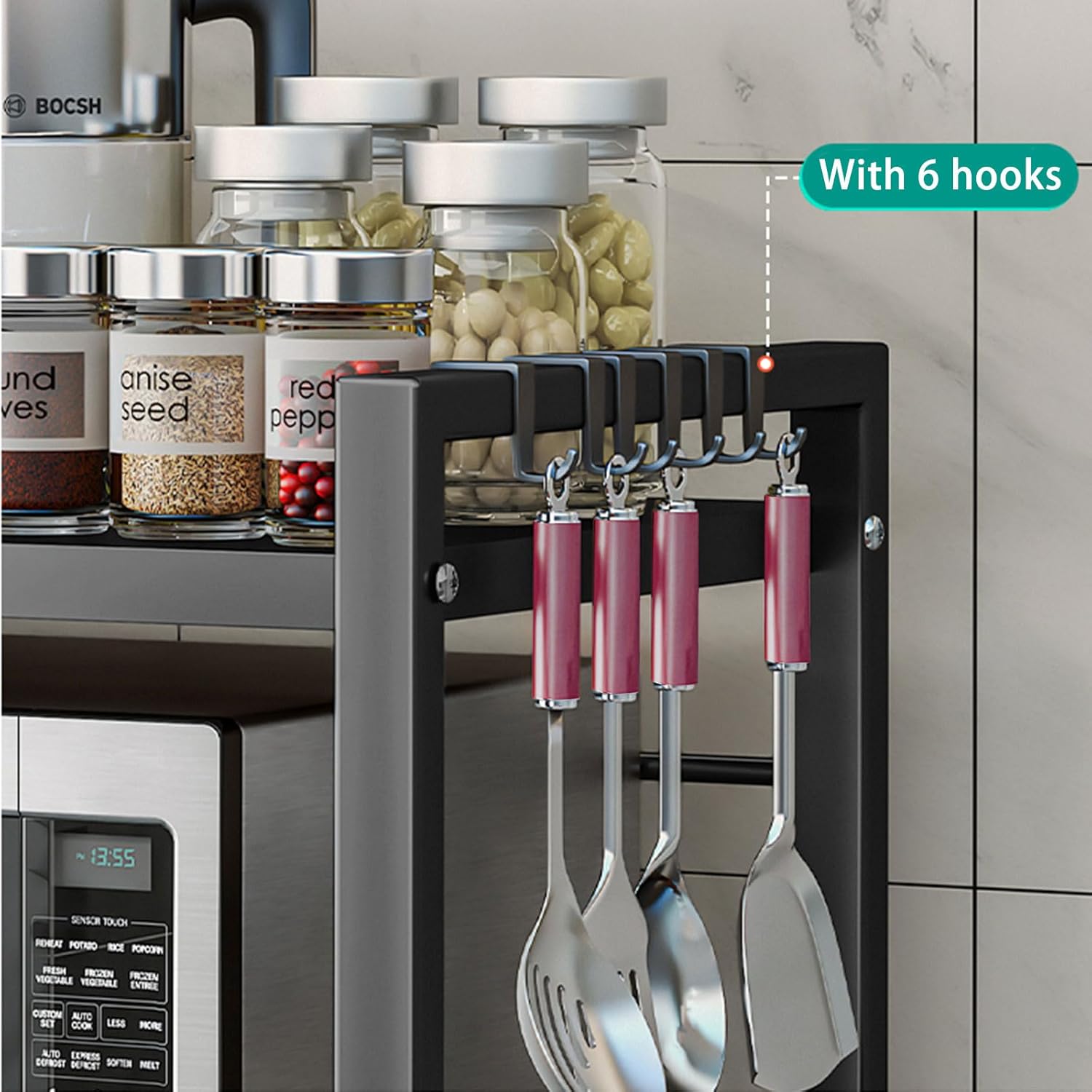Expandable Microwave Oven Rack 3 Tier Microwave Stand,with 5 hooks Adjustable Width & Height Kitchen Counter Organizer Shelf Stand, Pot Pan Grill Storage Racks, Width 40-64cm Black