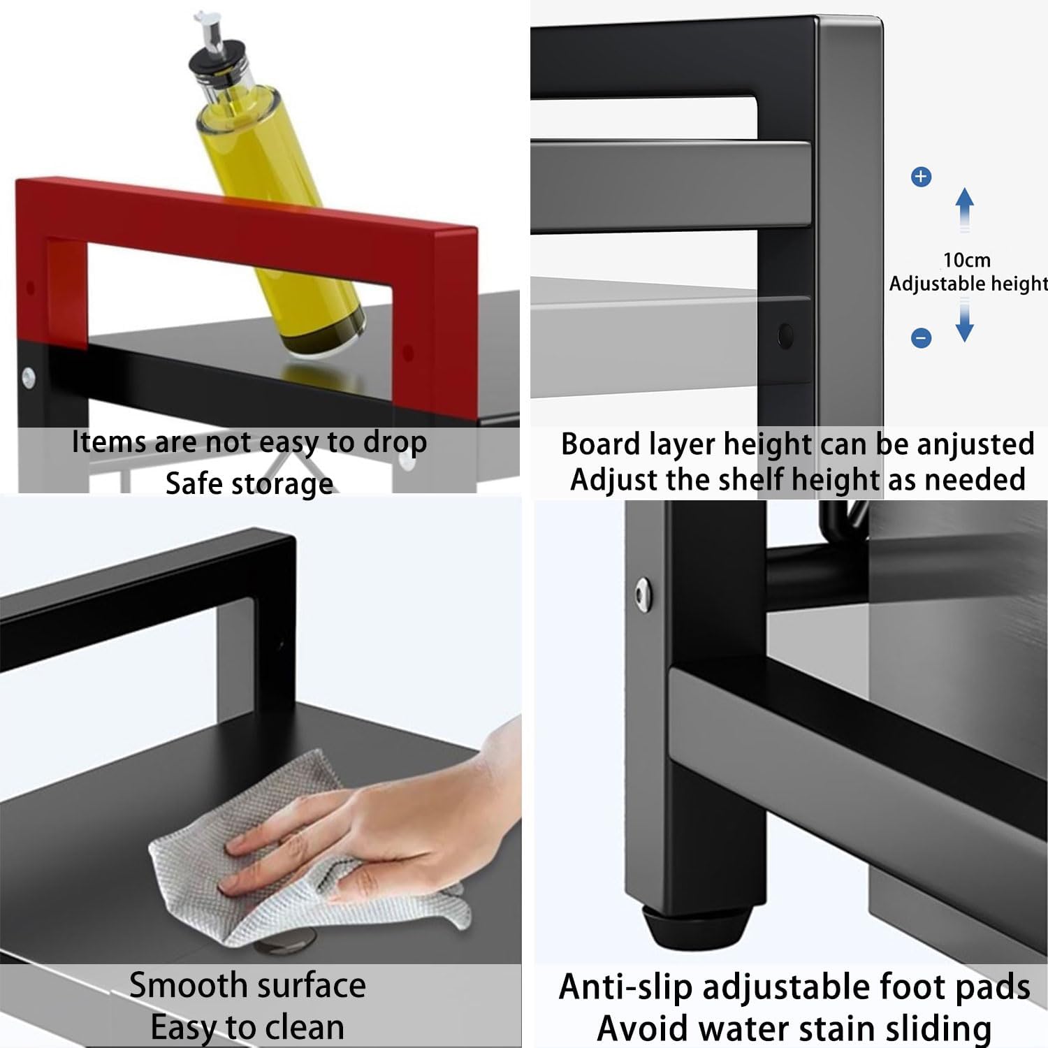 Expandable Microwave Oven Rack 3 Tier Microwave Stand,with 5 hooks Adjustable Width & Height Kitchen Counter Organizer Shelf Stand, Pot Pan Grill Storage Racks, Width 40-64cm Black