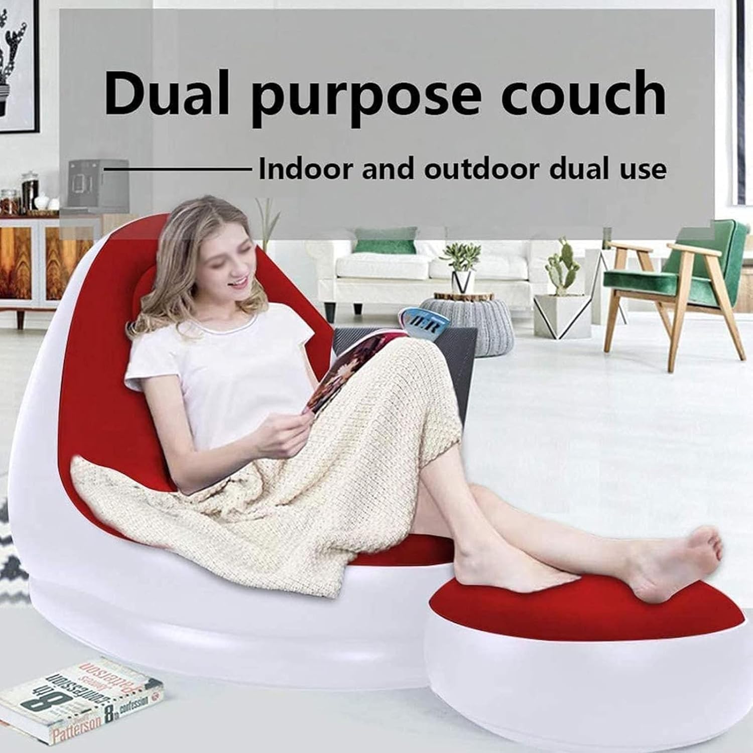 Air Inflatable Lazy Sofa Lounge Chairs Air Lazy Sofa Set Flocked Chairs Ottoman Blow Up Chaise Inflatable sofa seat with foot stool and manual pump