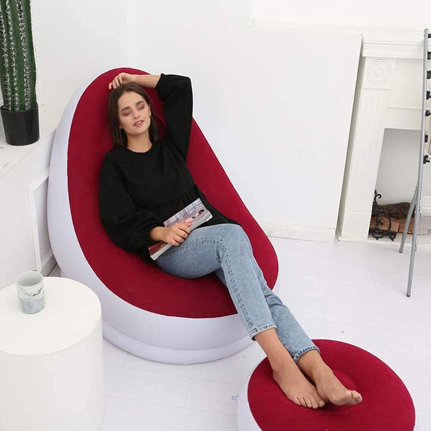 Air Inflatable Lazy Sofa Lounge Chairs Air Lazy Sofa Set Flocked Chairs Ottoman Blow Up Chaise Inflatable sofa seat with foot stool and manual pump