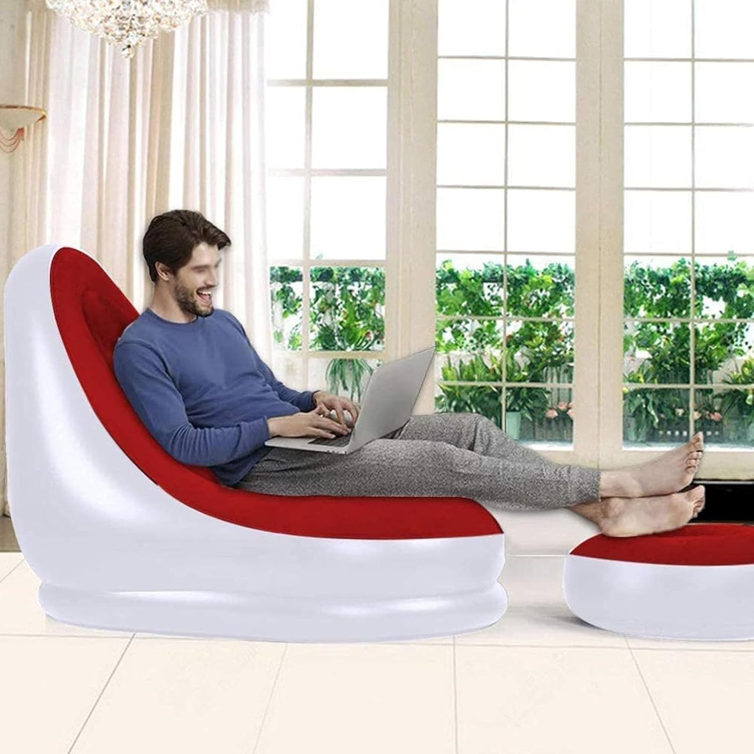 Air Inflatable Lazy Sofa Lounge Chairs Air Lazy Sofa Set Flocked Chairs Ottoman Blow Up Chaise Inflatable sofa seat with foot stool and manual pump