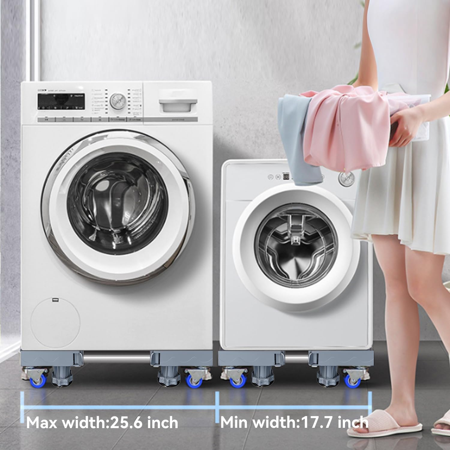 Mobile Base With 4 Locking Wheels And 8 Strong Feet 20.04”-23.62”, Heavy Duty Furniture Dolly for Washer, Mini Refrigerator and Dryer, Adjustable Mini Fridge Stand Washing Machine Stand Pedestal