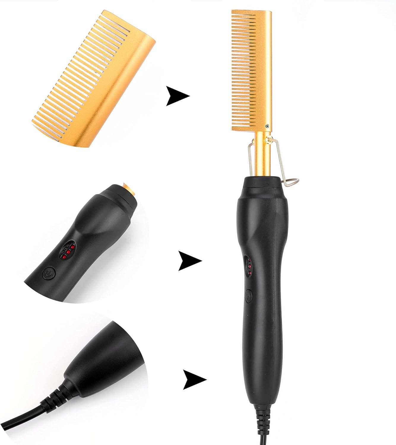 Hot Comb Electric Hair Straightener Heat Pressing Comb Ceramic Curling Flat Iron Curler for Wet and Dry Hair Come with Plastic Duck Bill Hair Clips and Heat Resistant Glove for Hair Styling