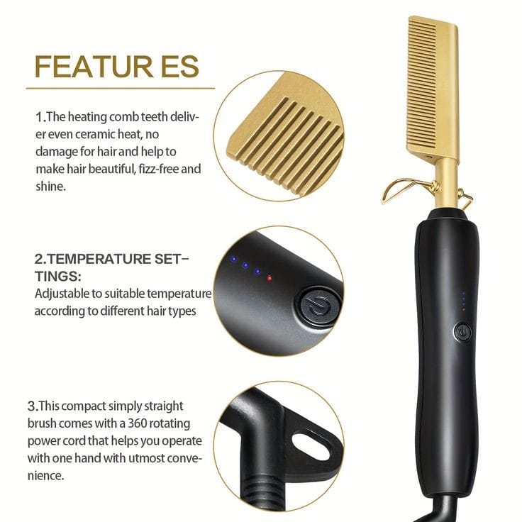 Hot Comb Electric Hair Straightener Heat Pressing Comb Ceramic Curling Flat Iron Curler for Wet and Dry Hair Come with Plastic Duck Bill Hair Clips and Heat Resistant Glove for Hair Styling