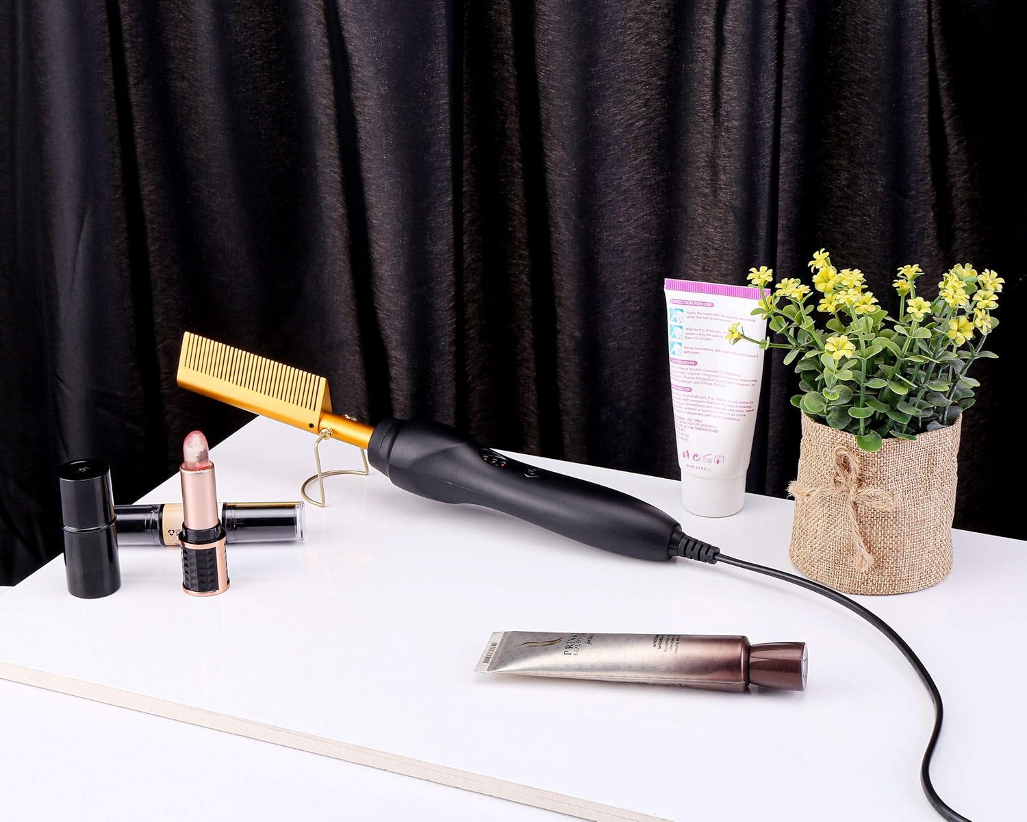 Hot Comb Electric Hair Straightener Heat Pressing Comb Ceramic Curling Flat Iron Curler for Wet and Dry Hair Come with Plastic Duck Bill Hair Clips and Heat Resistant Glove for Hair Styling