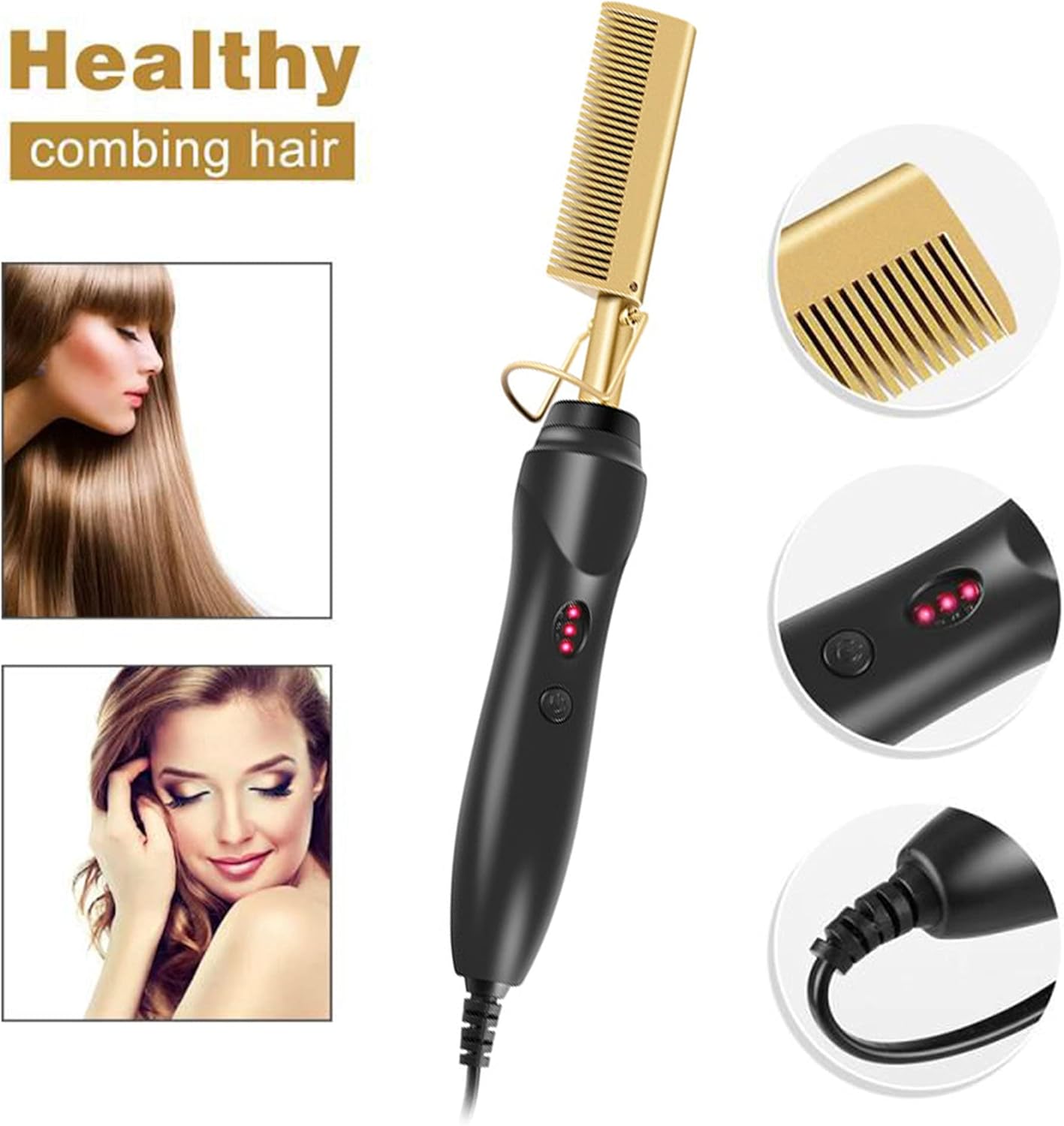 Hot Comb Electric Hair Straightener Heat Pressing Comb Ceramic Curling Flat Iron Curler for Wet and Dry Hair Come with Plastic Duck Bill Hair Clips and Heat Resistant Glove for Hair Styling