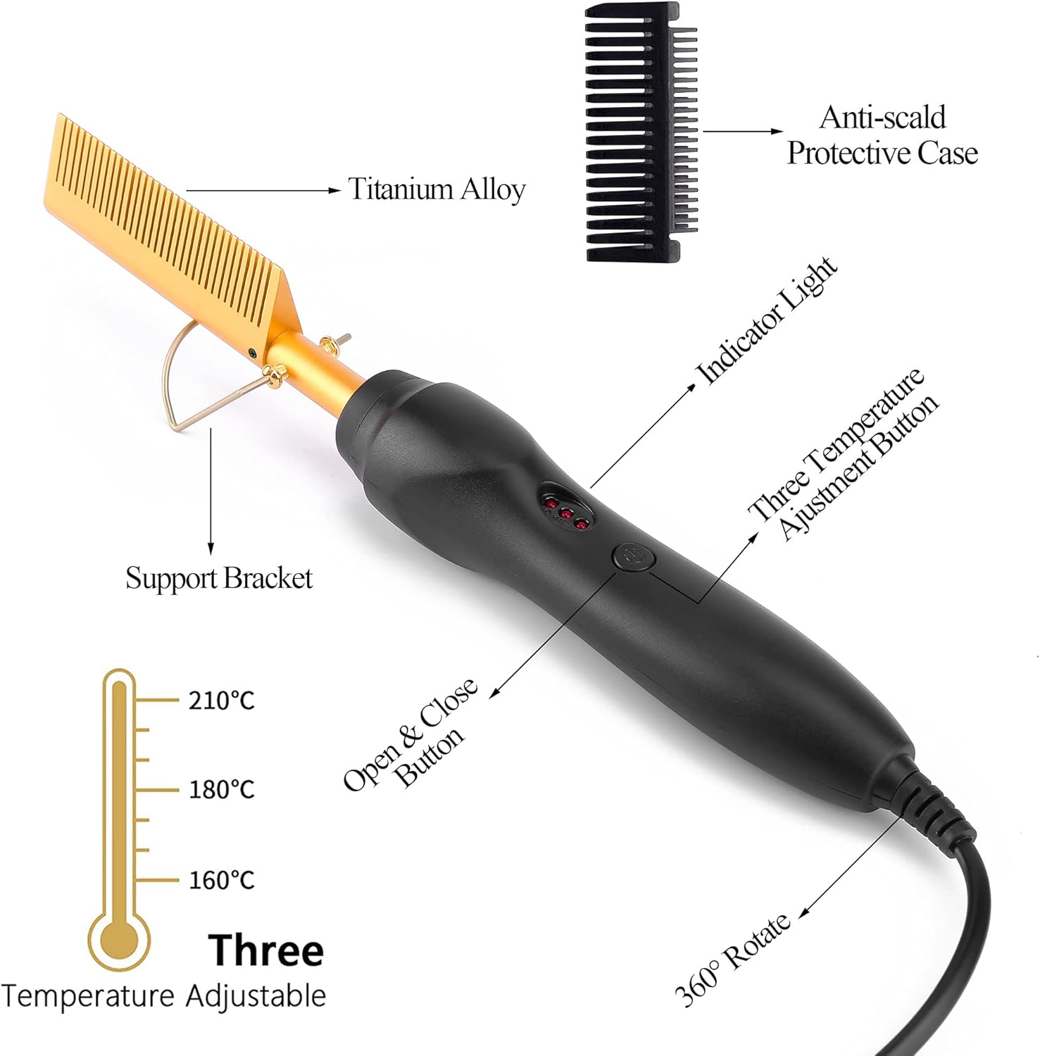 Hot Comb Electric Hair Straightener Heat Pressing Comb Ceramic Curling Flat Iron Curler for Wet and Dry Hair Come with Plastic Duck Bill Hair Clips and Heat Resistant Glove for Hair Styling