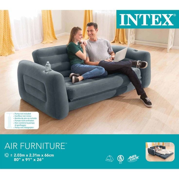 Inflatable 3 Seater with Queen Sized Pull-Out Sofa Bed, Gray - Air Mattress, Portable Couch, Lounge Chairs, Guest Beds 3 seater Intex Inflatable Pull-Out Sofa PLUS FREE Electric / Manual PUMP