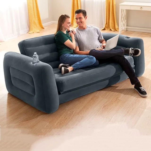 Inflatable 3 Seater with Queen Sized Pull-Out Sofa Bed, Gray - Air Mattress, Portable Couch, Lounge Chairs, Guest Beds 3 seater Intex Inflatable Pull-Out Sofa PLUS FREE Electric / Manual PUMP